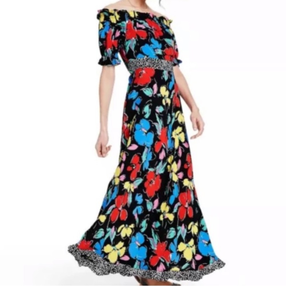 Rixo for Target vibrant floral off shoulder ruffle hem maxi dress